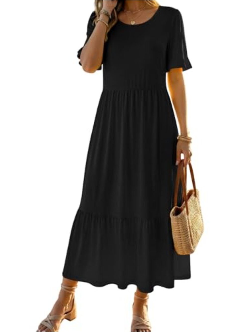 Ruffle Short Sleeve Tiered Midi Sundress A-Line Beach Vacation Dress
